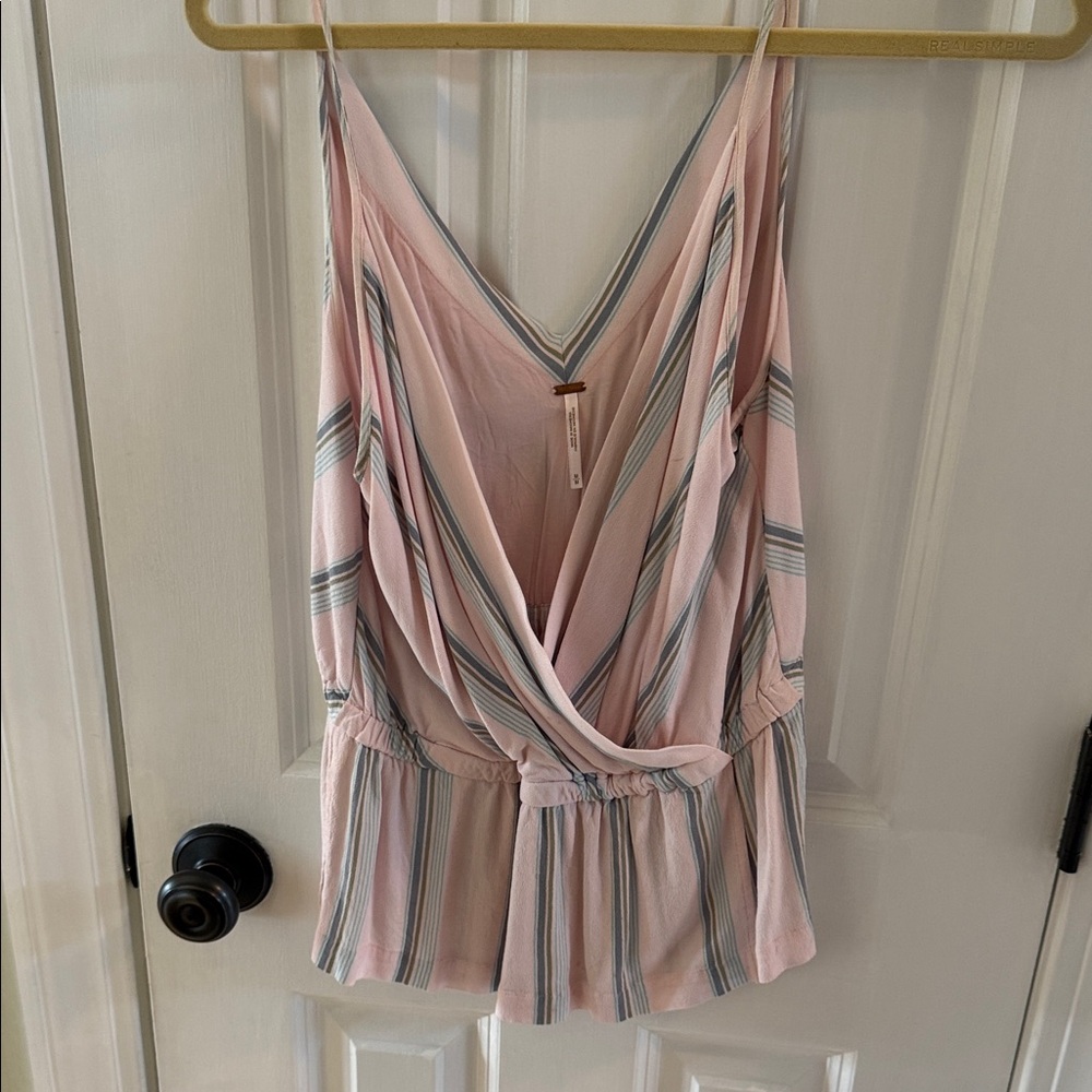 Free People Pink and Gray Striped V-Neck Top